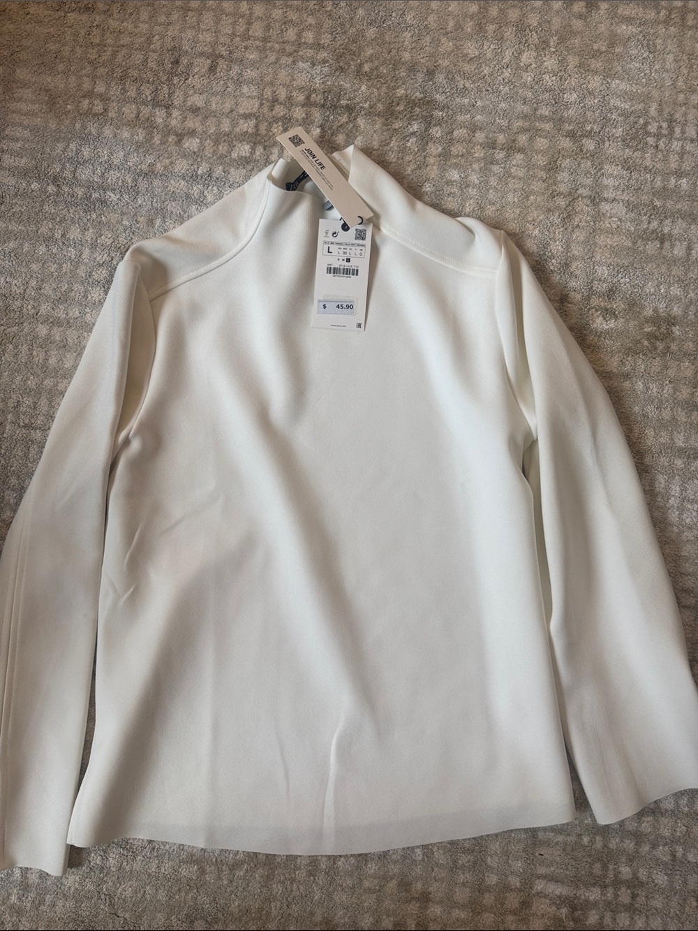 Zara White Long-Sleeve Mock Neck Blouse